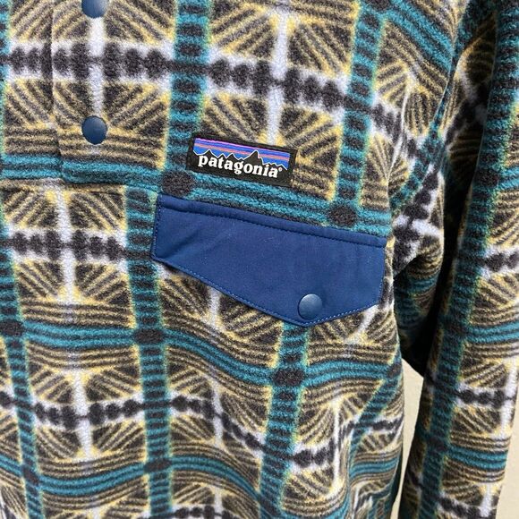 Patagonia Teal Blue White Brown Geometric Snap Fleece Pullover - Picture 5 of 8